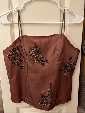 Embroidered Brown Satin Spaghetti Strap Cami